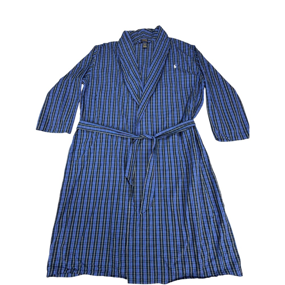 Polo Ralph Lauren Mens Blue Plaid Cotton Robe L/XL Shawl Collar Loungewear